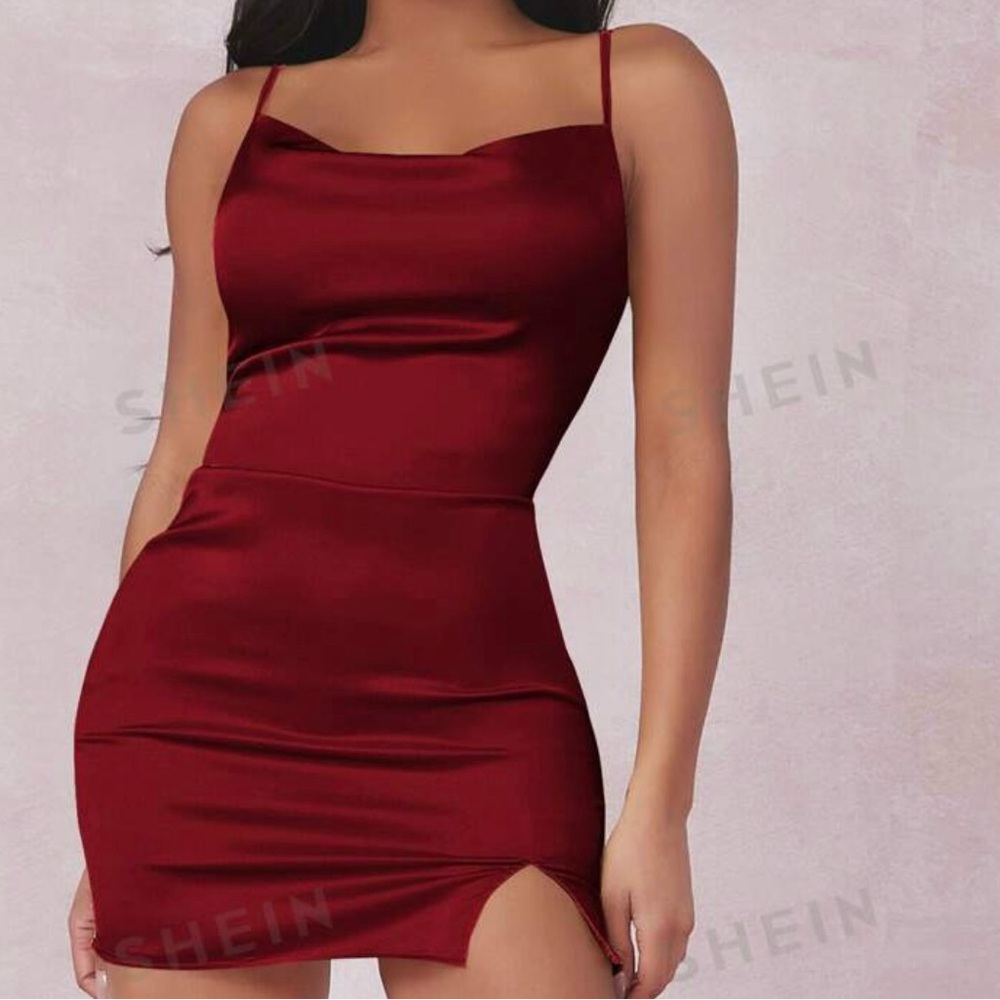Burgundy Satin Bodycon Dress